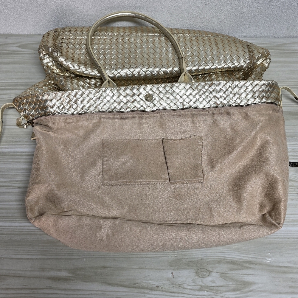 Cochni Italian Leather Goldtone XL Weave Tote Shoulder Bag - Picture 9 of 13